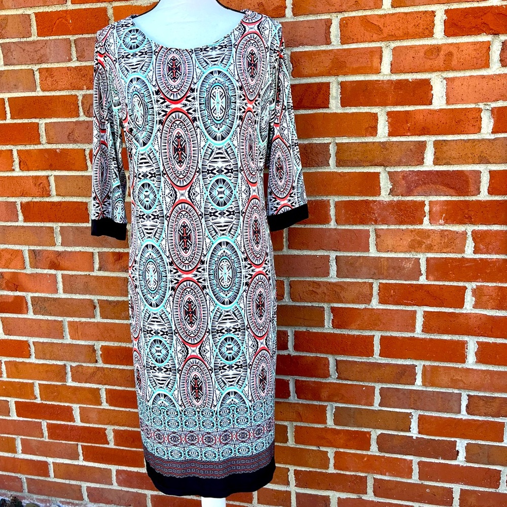Salon Studio 3/4 Sleeve Geometric Print Goe Style Shift Dress Womens Medium